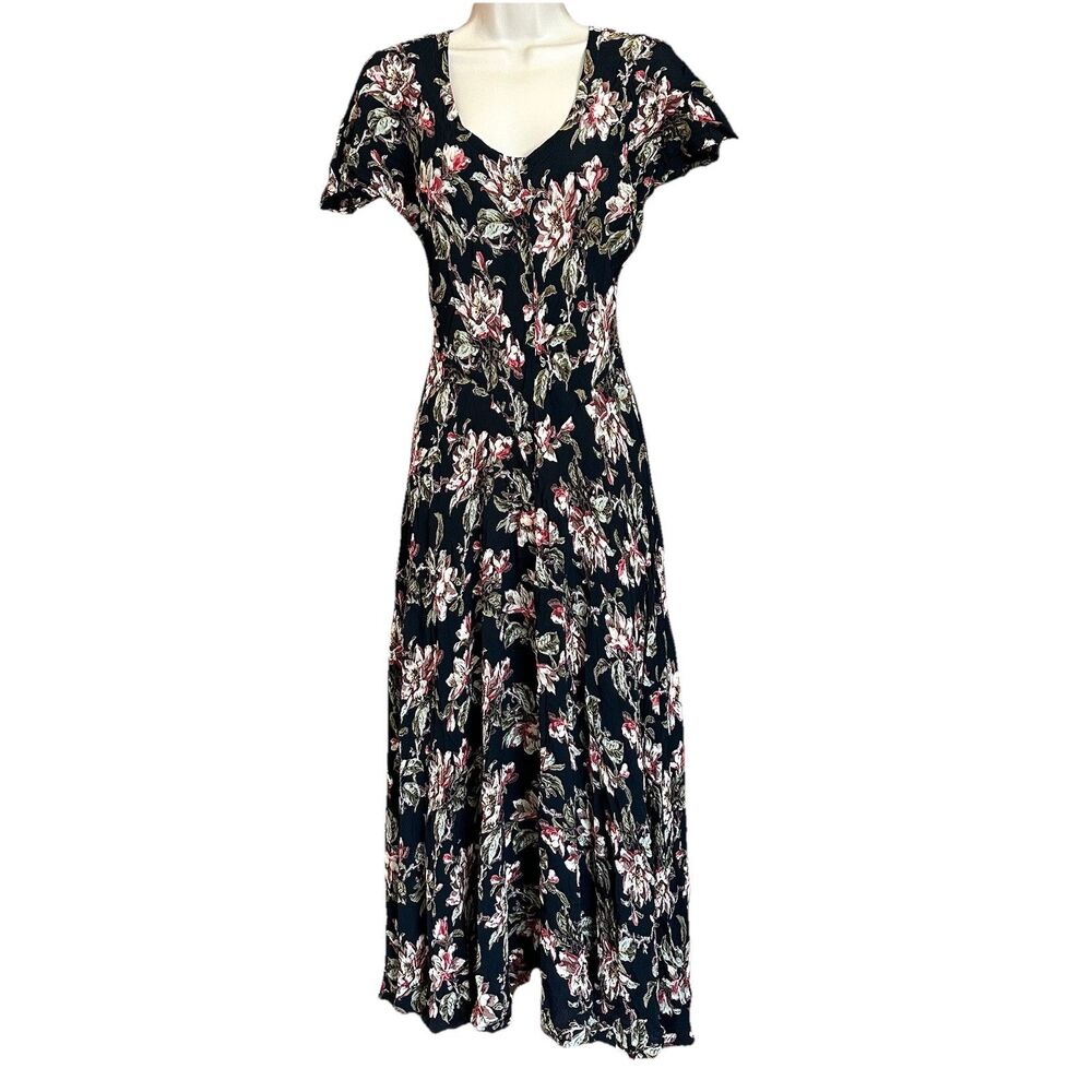 Vtg Nostalgia Maxi Dress Med Whimsical Garden Dark Floral Cottagecore Whimsigoth